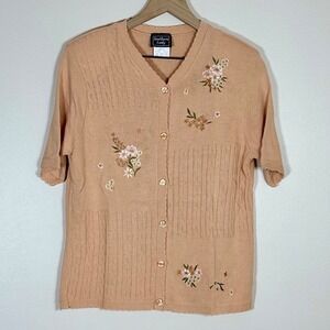 Vtg Southern Lady Floral Embroidered Cardigan L Peach Cottagecore Patchwork 90s